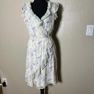 Stetson Blue Floral Ruffle False Wrap Midi Dress Medium Cottage Coquette Country